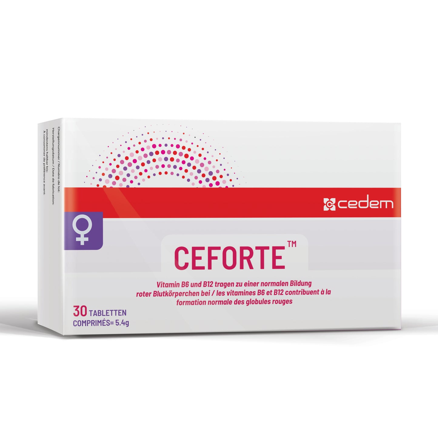 Cedem CEFORTE Produktverpackung – 30 Tabletten zur Unterstützung der normalen Bildung roter Blutkörperchen durch Vitamin B6 und B12 – Nahrungsergänzung für Frauen – Cedem ag