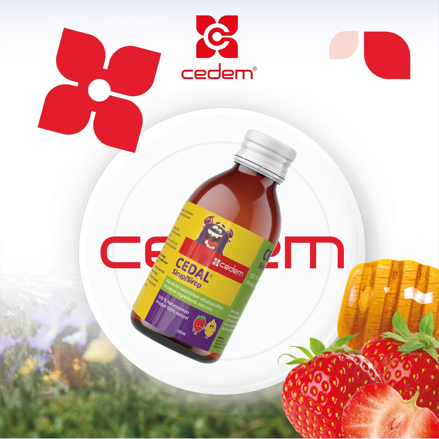 CEDAL Hustensaft von Cedem – Flasche auf weißem Teller mit Cedem-Branding, umgeben von natürlichen Zutaten wie Honig, Erdbeeren und Kamille – 100 % natürliches Produkt für Kinder – Cedem ag
