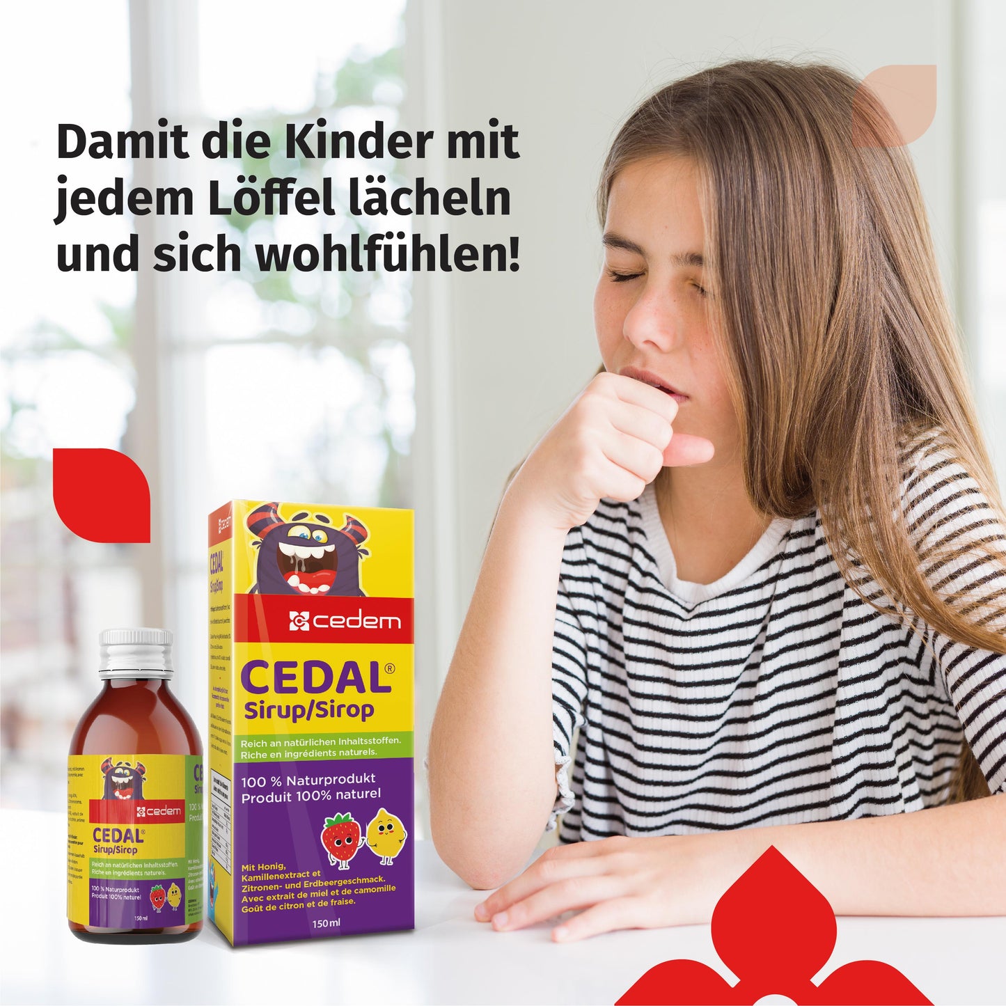 Mädchen mit Husten neben CEDAL Hustensaft von Cedem – kindgerechte Verpackung mit dem Slogan „Damit die Kinder mit jedem Löffel lächeln und sich wohlfühlen!“ – Cedem ag