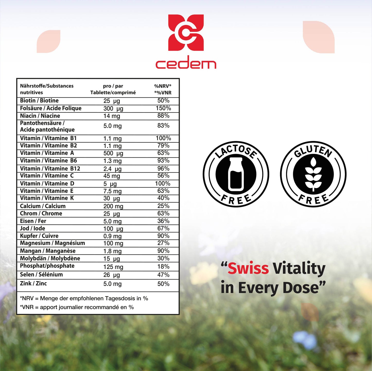Nährstofftabelle von Cedem VitaCed A-Z mit vollständiger Vitamin- und Mineralstoffliste, laktosefrei und glutenfrei, mit dem Slogan „Swiss Vitality in Every Dose“ – Cedem ag