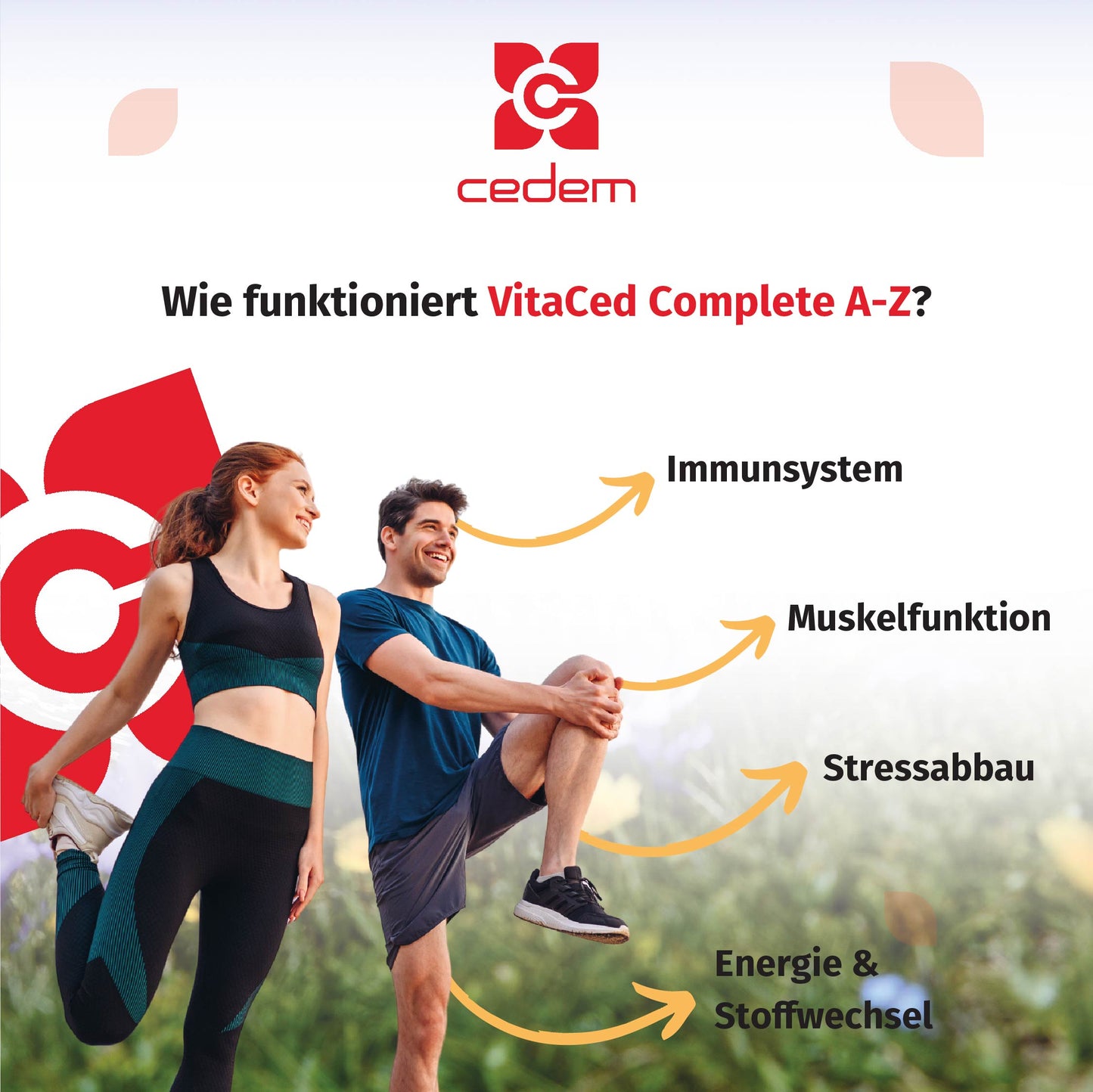 Sportliches Paar, das die Vorteile von VitaCed Complete A-Z darstellt – unterstützt Immunsystem, Muskelfunktion, Stressabbau sowie Energie und Stoffwechsel – Cedem ag