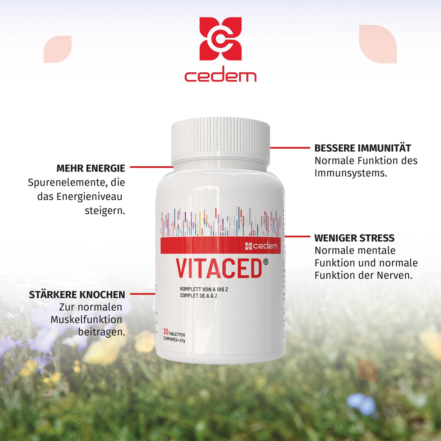 Cedem VitaCed A-Z Tablettenflasche mit hervorgehobenen Vorteilen: mehr Energie, bessere Immunität, stärkere Knochen und weniger Stress – unterstützt Muskelfunktion, Immunsystem und mentale Gesundheit – Cedem ag