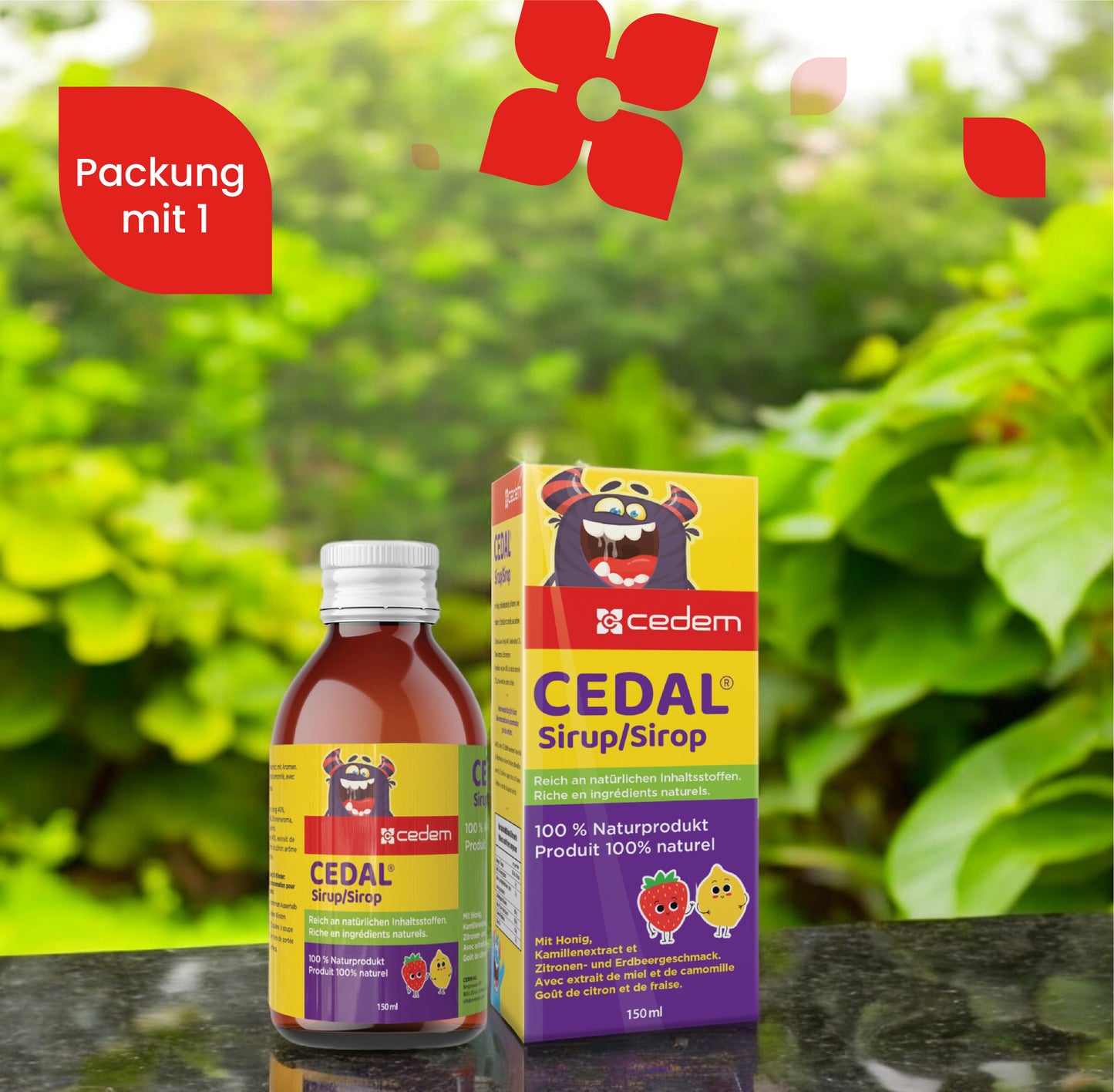CEDAL Hustensaft von Cedem – Packung mit 1 – 100 % Naturprodukt mit Honig, Kamille, Zitronen- und Erdbeergeschmack – alkoholfrei, kindgerecht und vegan – präsentiert vor grünem Naturhintergrund – Cedem ag
