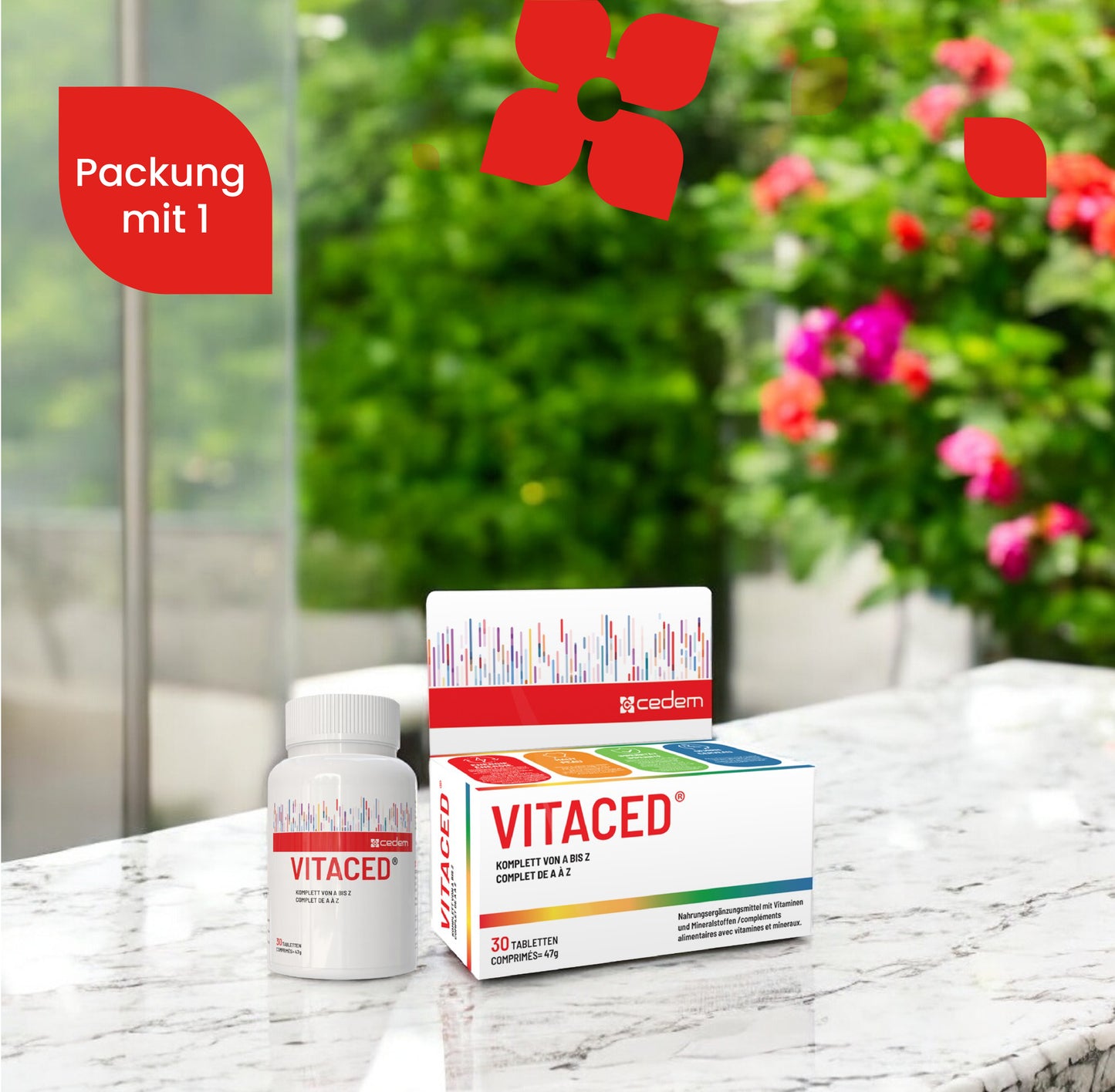 Cedem VitaCed Complete A–Z – Packung mit 1 – Nahrungsergänzungsmittel mit 30 Tabletten zur Unterstützung von Energie, Immunsystem und allgemeiner Gesundheit, präsentiert auf Marmortisch mit Blumenhintergrund – Cedem ag