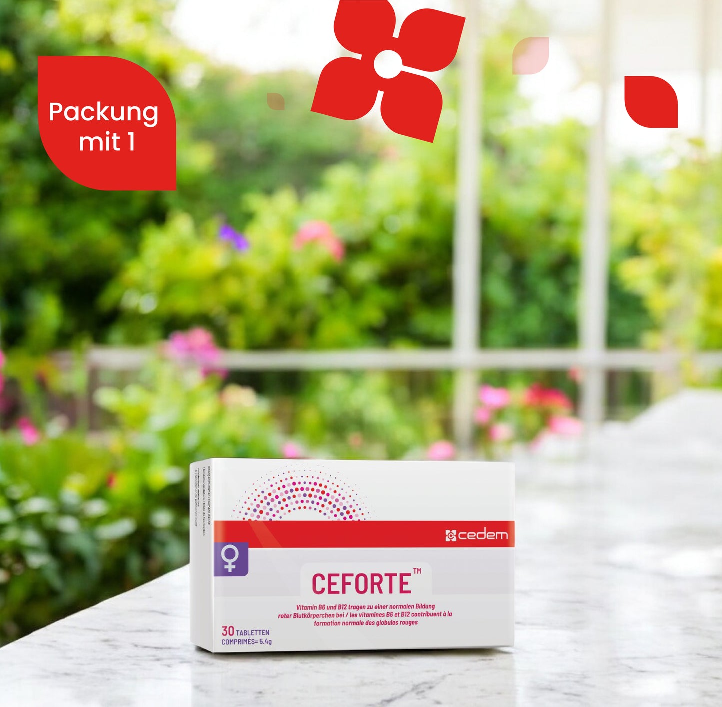 Cedem CEFORTE – Packung mit 1 – Nahrungsergänzungsmittel für Frauen zur Unterstützung der Blutbildung, Energie und Hämoglobinwerte – auf Marmortisch mit Gartenhintergrund präsentiert – Cedem ag