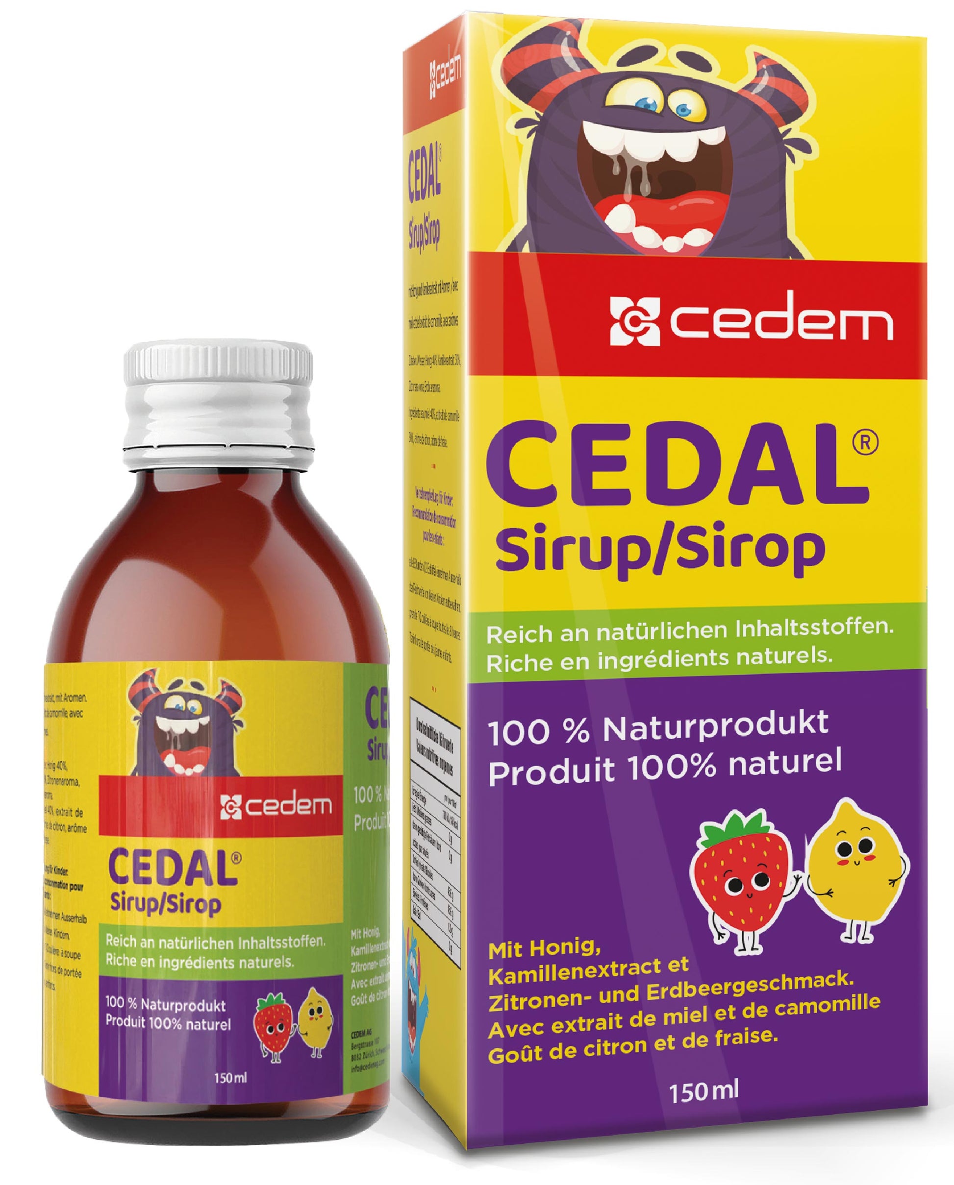 Cedem CEDAL Sirup – 100 % Naturprodukt mit Honig, Kamillenextrakt sowie Zitronen- und Erdbeergeschmack – reich an natürlichen Inhaltsstoffen, alkoholfrei und kindgerecht – Cedem ag