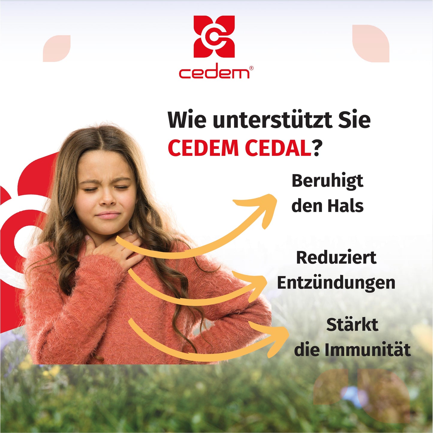 Durchschnittliche Nährwerttabelle für Cedem CEDAL Sirup pro 100 ml – zeigt Energiegehalt, 0 g Fett, 45,6 g Zucker, 0,2 g Eiweiß und 0 g Salz – Cedem ag