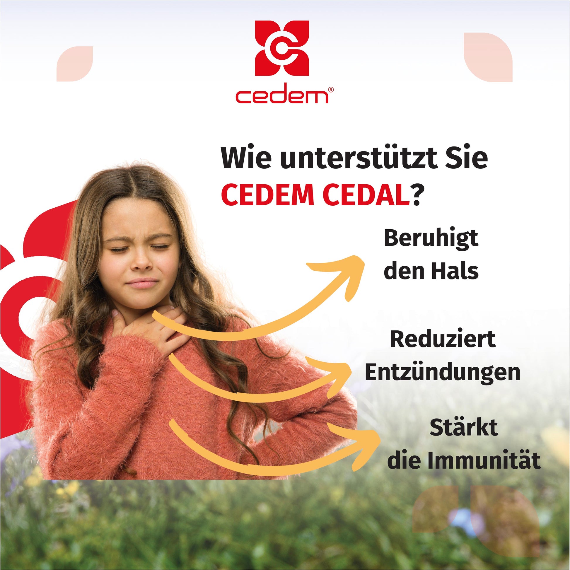 Durchschnittliche Nährwerttabelle für Cedem CEDAL Sirup pro 100 ml – zeigt Energiegehalt, 0 g Fett, 45,6 g Zucker, 0,2 g Eiweiß und 0 g Salz – Cedem ag